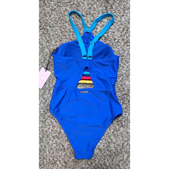 New Juicy Couture 1 Piece Halter Cut Out Swimsuit Color‎ Block Blue Red Small - Picture 2 of 5